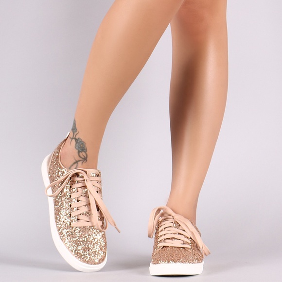 Rose Gold Glitter Lace Up Sneaker - Picture 2 of 6